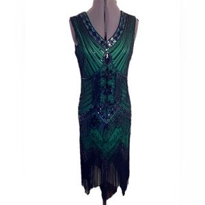 Vintage Style Sequin Beaded Fringe Flapper Dress S